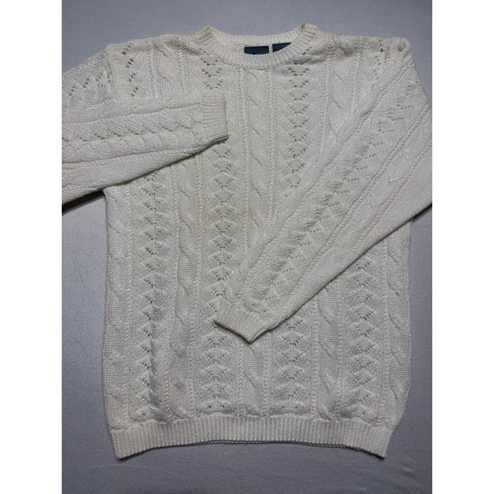 Lizwear Women Medium Cream Metallic Shimmer Cable Knit Pointelle Sweater Ivory